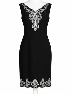 Maggy London Black Dress Size 6 White Embroidery Scalloped Hem Sleeveless Sheath